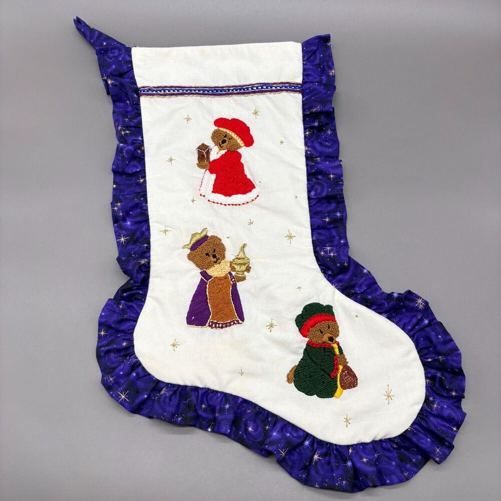 Handmade Embroidered Christmas Stocking Three Wise Men Bears Purple Gold Trim